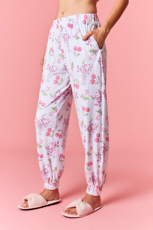 Peach Love Cherry with Santa Claus Printed Velour Jogger Fit Pajama Pants | White