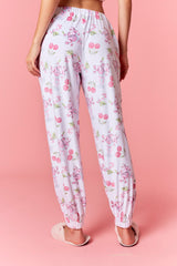Peach Love Cherry with Santa Claus Printed Velour Jogger Fit Pajama Pants | White