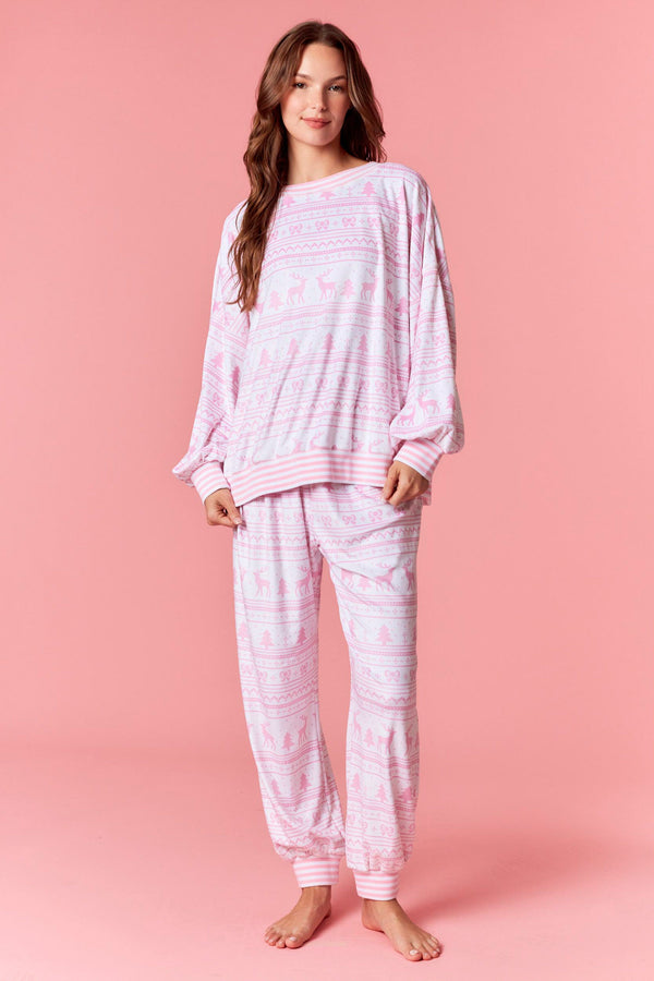 Peach Love Soft Touch Fleece Christmas Prints Loungewear | Pink