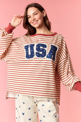 Peach Love Ditsy Flower Print Twill 'USA' Patchwork Sweatshirt