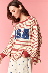 Peach Love Ditsy Flower Print Twill 'USA' Patchwork Sweatshirt