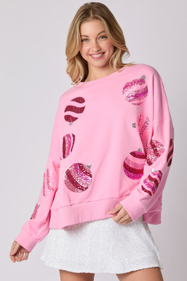 Peach Love Christmas Ornaments Sequins Embroidered Sweatshirt-Pink