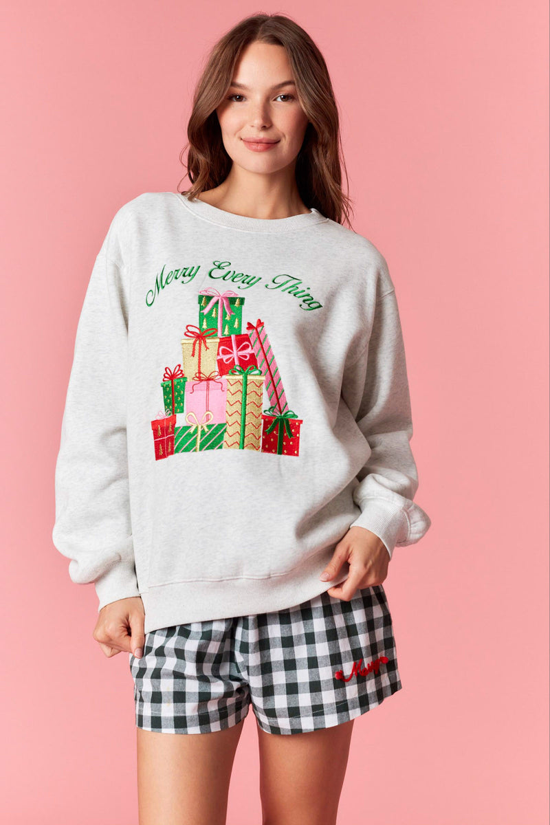 Peach Love 'Merry Everything' Metallic Embroidery Fleece Terry Sweatshirt | Heather Grey