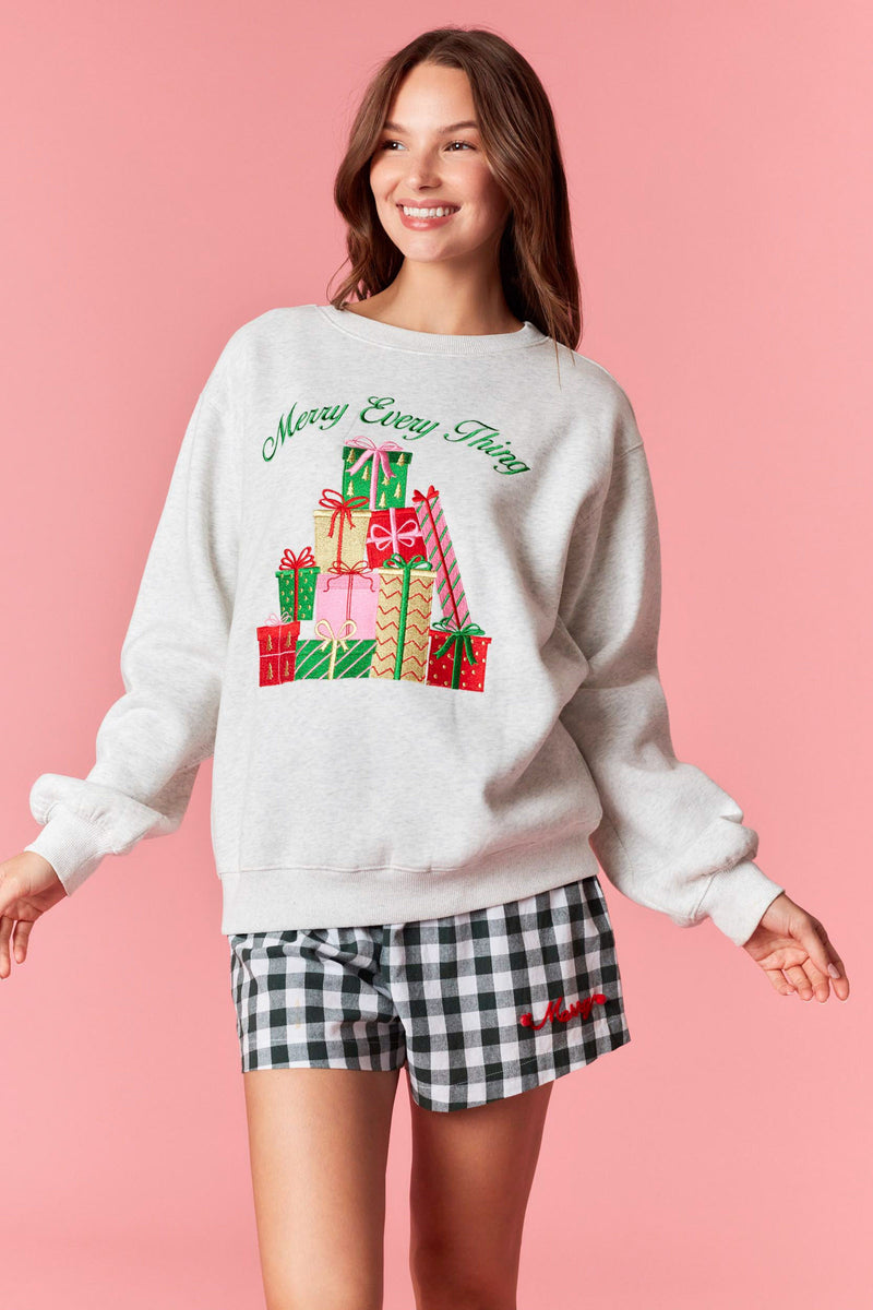Peach Love 'Merry Everything' Metallic Embroidery Fleece Terry Sweatshirt | Heather Grey