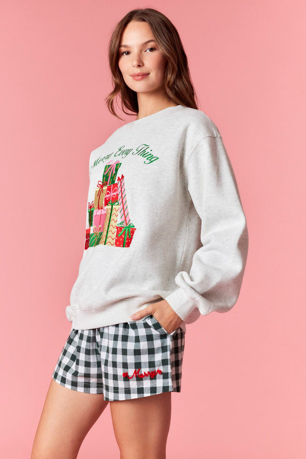 Peach Love 'Merry Everything' Metallic Embroidery Fleece Terry Sweatshirt | Heather Grey