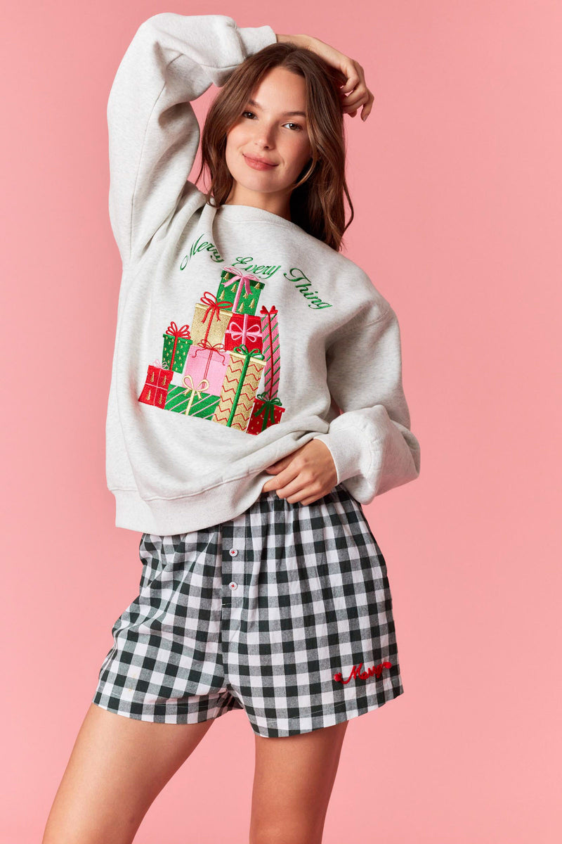 Peach Love 'Merry Everything' Metallic Embroidery Fleece Terry Sweatshirt | Heather Grey