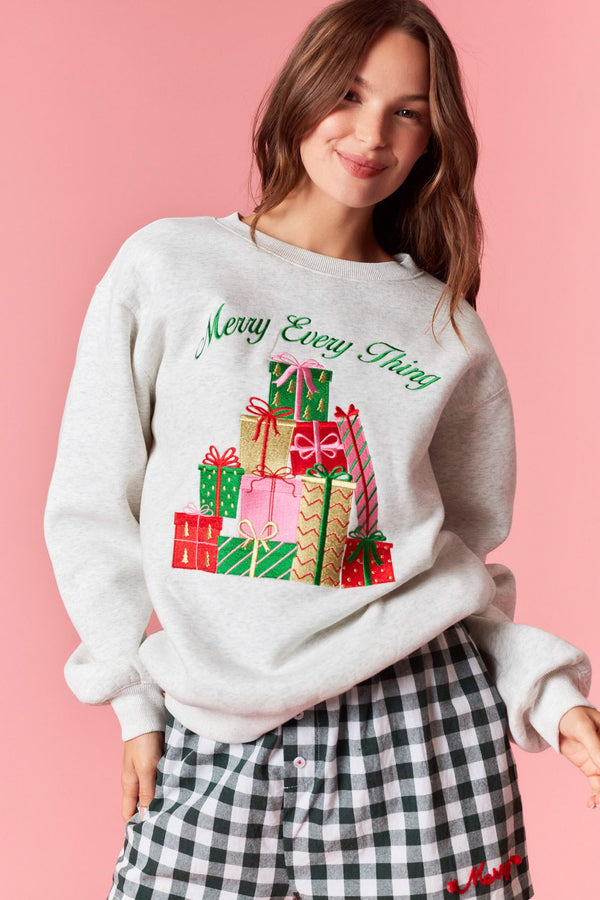 Peach Love 'Merry Everything' Metallic Embroidery Fleece Terry Sweatshirt | Heather Grey