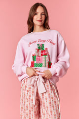 Peach Love 'Merry Everything' Metallic Embroidery Fleece Terry Sweatshirt | Light Pink