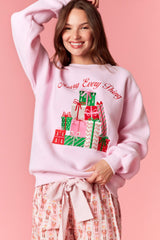 Peach Love 'Merry Everything' Metallic Embroidery Fleece Terry Sweatshirt | Light Pink
