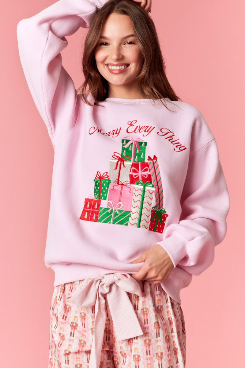 Peach Love 'Merry Everything' Metallic Embroidery Fleece Terry Sweatshirt | Light Pink