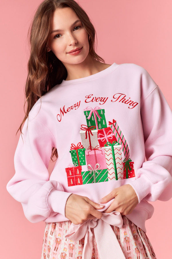 Peach Love 'Merry Everything' Metallic Embroidery Fleece Terry Sweatshirt | Light Pink