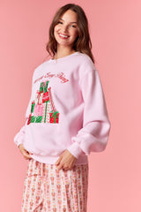 Peach Love 'Merry Everything' Metallic Embroidery Fleece Terry Sweatshirt | Light Pink