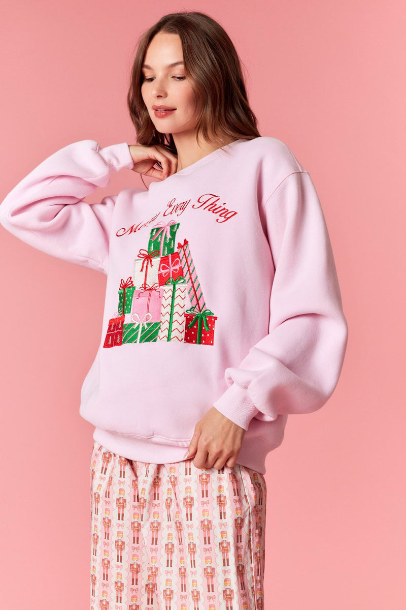 Peach Love 'Merry Everything' Metallic Embroidery Fleece Terry Sweatshirt | Light Pink