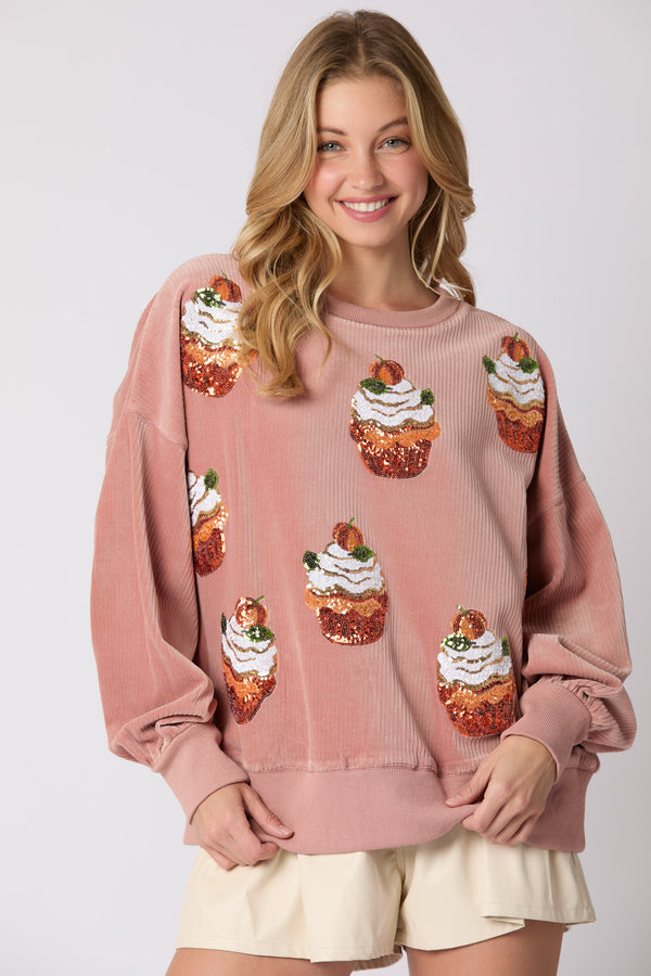 Peach Love Corduroy Pumpkin Sequins Embroidered Oversized Sweatshirt-Mauve