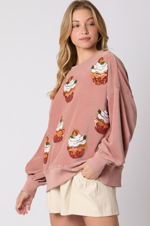 Peach Love Corduroy Pumpkin Sequins Embroidered Oversized Sweatshirt-Mauve