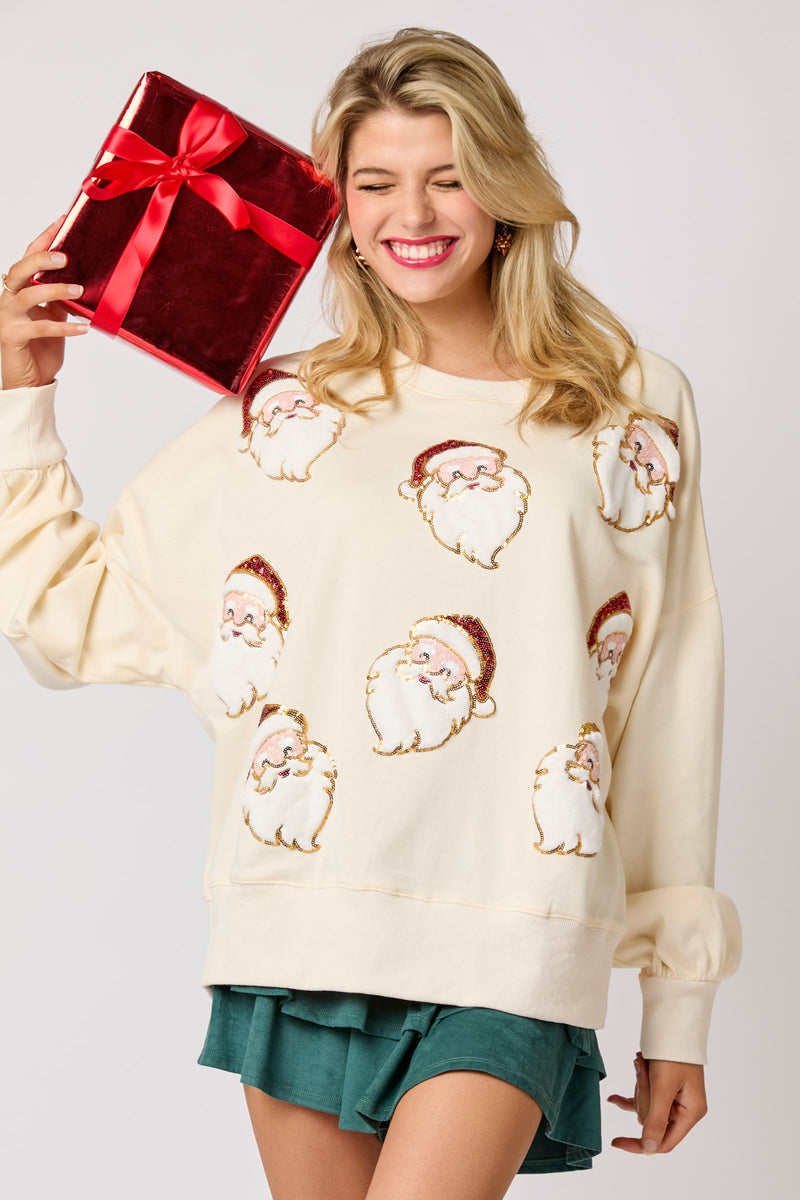 Peach Love Santa Sequin Oversized Terry Sweatshirt | Cream
