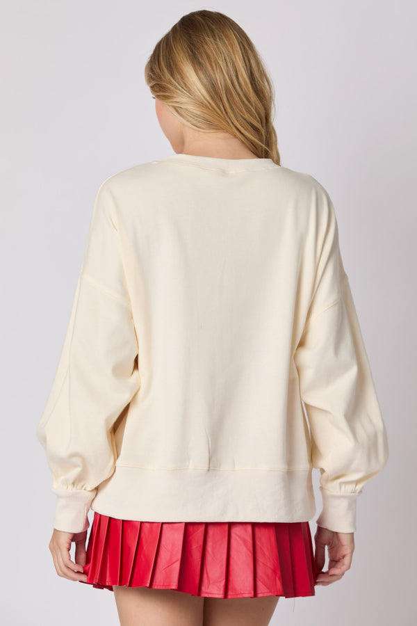 Peach Love Santa Sequin Oversized Terry Sweatshirt | Cream