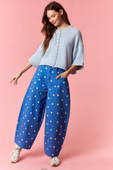 Peach Love Polka Dot Printed Wide Denim Pants |  Royal Blue