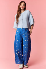 Peach Love Polka Dot Printed Wide Denim Pants |  Royal Blue