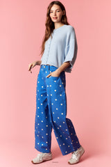 Peach Love Polka Dot Printed Wide Denim Pants |  Royal Blue