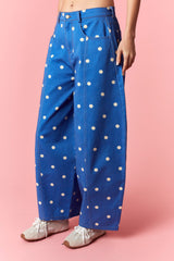 Peach Love Polka Dot Printed Wide Denim Pants |  Royal Blue