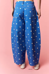 Peach Love Polka Dot Printed Wide Denim Pants |  Royal Blue