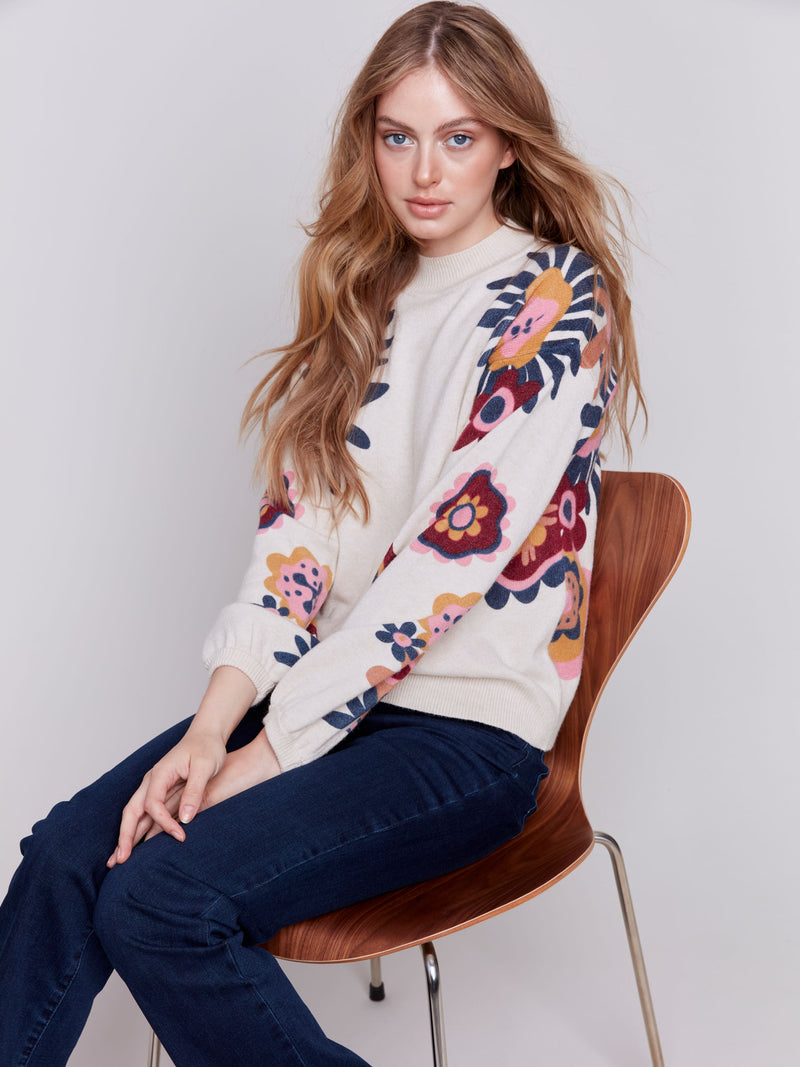 Charlie B Floral Printed Plushy Sweater-Beige