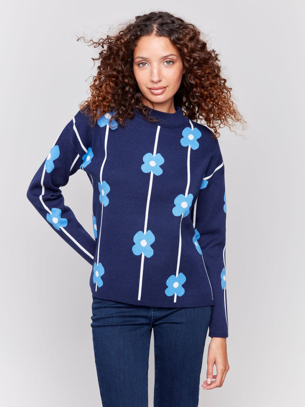 Charlie B Floral Jacquard Plushy Knit Printed Sweater -Navy