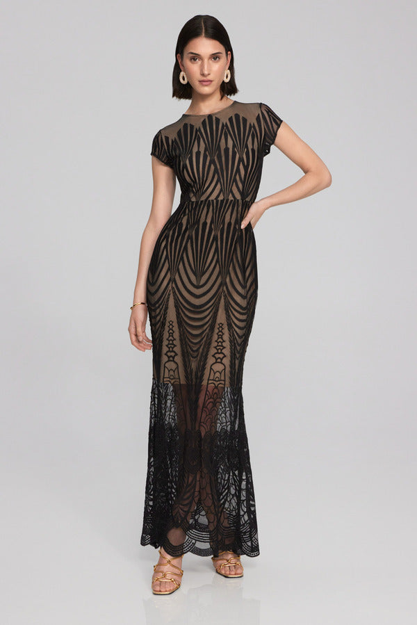 Joseph Ribkoff Embroidered Lace Trumpet Gown 241776 Black/Nude
