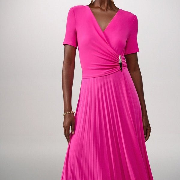 Joseph Ribkoff Silky Knit Pleated Wrap Dress 241013 Ultra Pink
