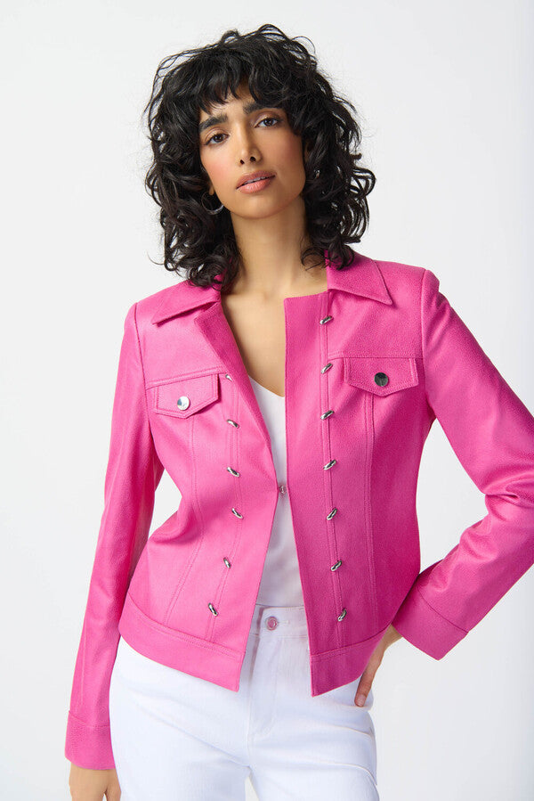 Joseph Ribkoff Foiled Suede Jacket with Metal Trims 241911 Bright Pink