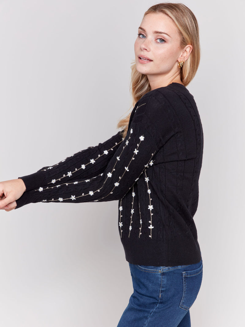 Charlie B Flower Embroidered Plushy Crew-Neck Sweater-Black