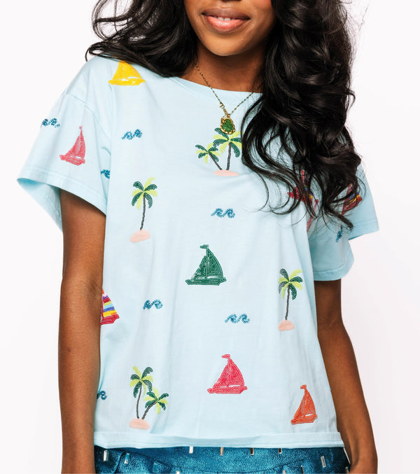 Queen Of Sparkles Aqua Sailboat & Palm Tree Icon Tee