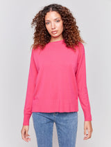 Charlie B Crew-Neck Drop-Shoulder Side Button Sweater- Magenta