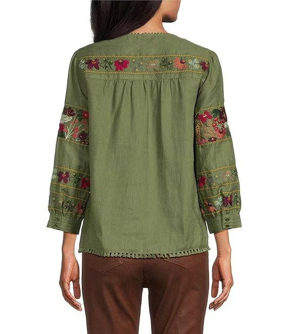 John Mark Woven Embroidered Animal Split V Neck Pullover Tunic-Olive