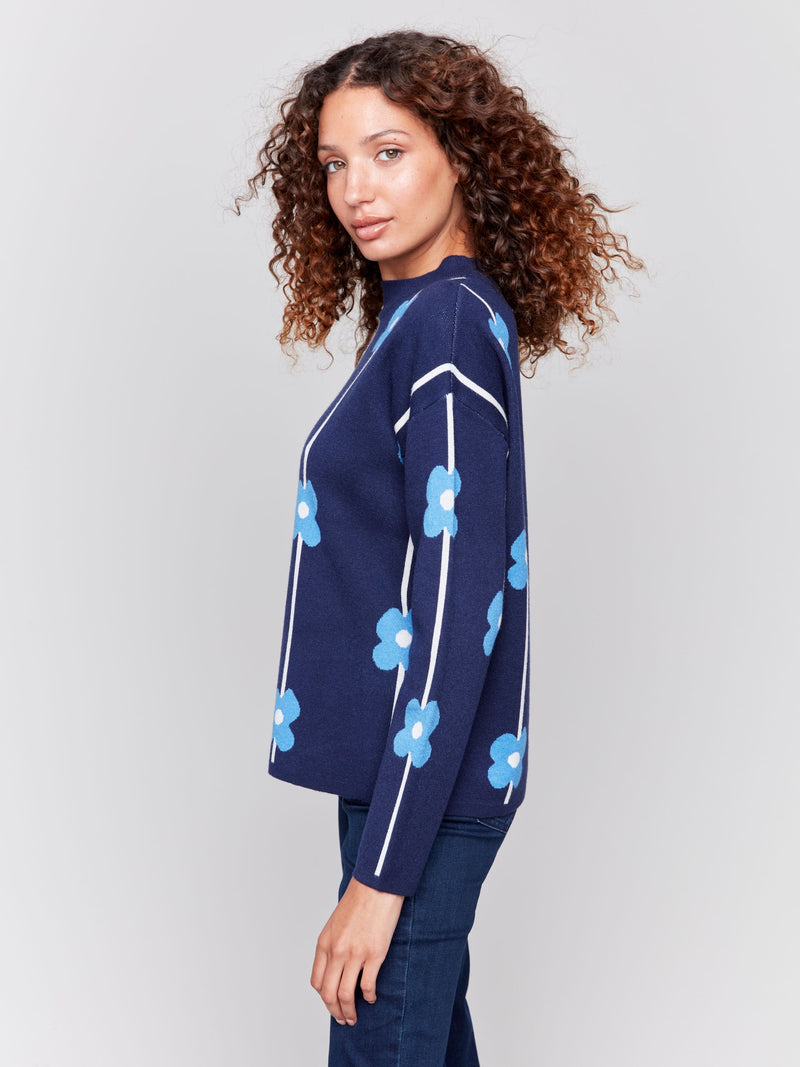 Charlie B Floral Jacquard Plushy Knit Printed Sweater -Navy