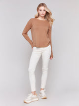 Charlie B Crew-Neck Drop-Shoulder Plushy Sweater-Truffle