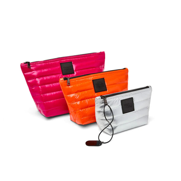 Think Royln Travel Trio Organizational Pouches| Fuchsia /Orange & Pearl Silver