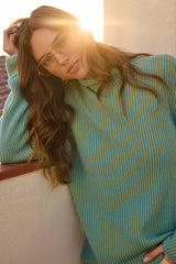 Tribal Combed Cotton Two-Tone Rib Funnel Neck Sweater | Mistblue