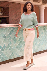 Tribal Scoop Neck Cotton Stripe Sweater | Aqua Sky