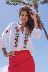 Tribal Embroidered Poplin 3/4 Sleeve Notch Neck Blouse