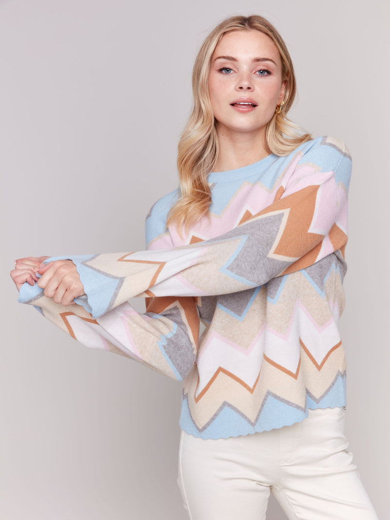 Charlie B Chevron Knit Bell Sleeve Sweater-Candy