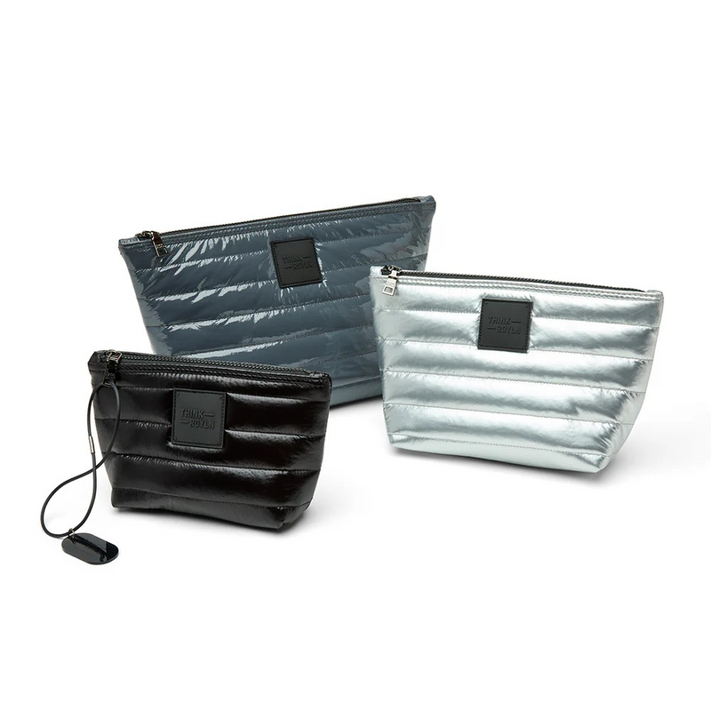 Think Royln Travel Trio Organizational Pouches | Carbon Patent Pearl Silver & Pearl Black