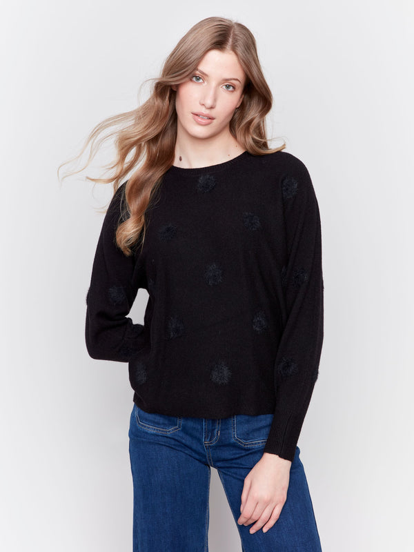 Charlie B Fuzzy Polka Dot Plushy Crew-Neck Sweater-Black