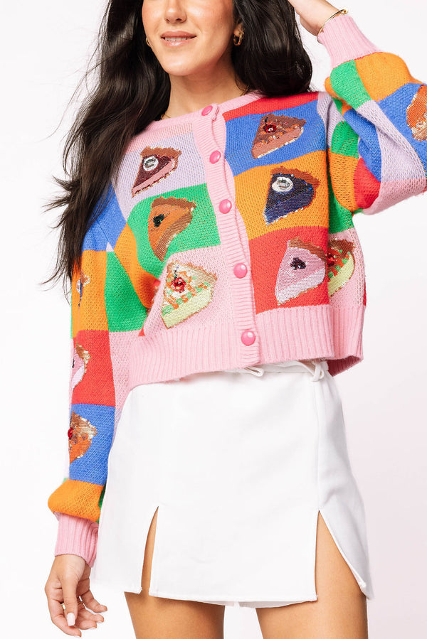 Queen Of Sparkles Rainbow Colorblock Piece of Pie Button Up Sweater