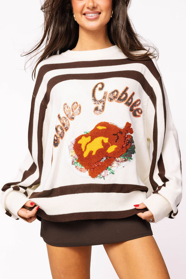 Queen Of Sparkles White & Brown Stripe 'Gobble' Sweater