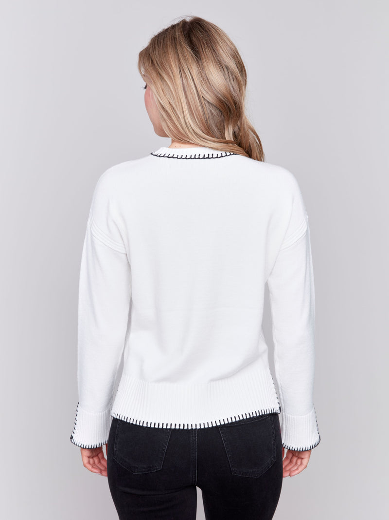 Charlie B Crew-Neck Plushy Sweater with Whipstitch Details-Cream