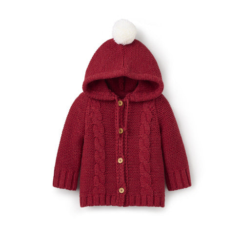 Elegant Baby Hooded Cable Cardigan with Pom-Red