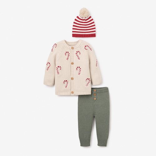 Elegant Baby Candy Cane Cardigan, Knit Pant, Striped Hat Set