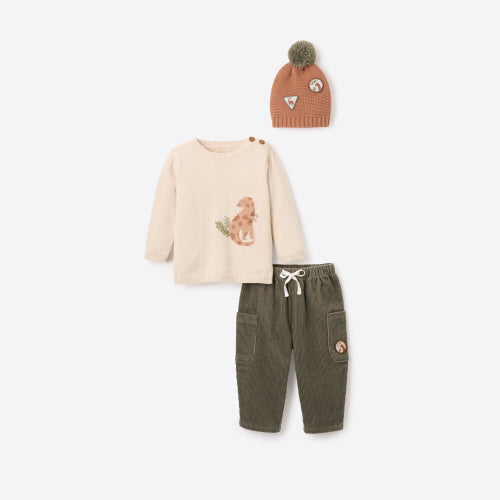 Elegant Baby Dinosaur Sweater, Cord Pants, & Pom Hat